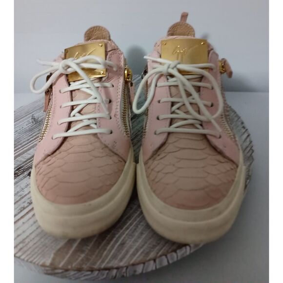 Giuseppe Zanotti Pink Leather Lace Up Sneakers Embossed Reptile Print, W Size 37 - Picture 2 of 10